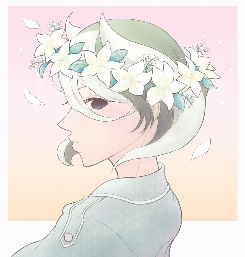 1girl, absurdres, black_eyes, black_hair, flower, from_side, hair_between_eyes, head_wreath