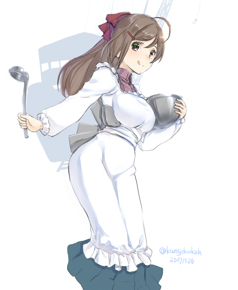 1girl, blue_skirt, bow, bowl, brown_hair, cowboy_shot, hair_bow, hair_ornament