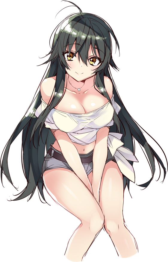 1girl, ahoge, anapom, bare_shoulders, black_hair, blush, breasts, cleavage