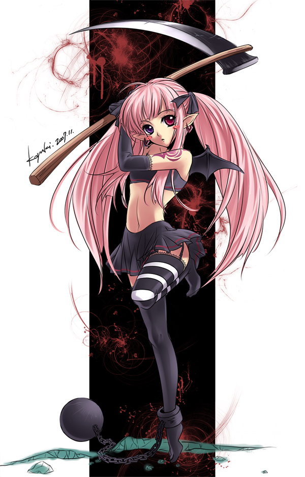 ball_and_chain, bat_wings, black_legwear, black_thighhighs, elbow_gloves, garter_belt, gloves, heterochromia, koyuki_(artist), koyuki_(rico), long_hair, midriff, miniskirt, navel, original, pink_eyes, pink_hair, pointy_ears, purple_eyes, scythe, signature, skirt, standing_on_one_leg, striped, striped_legwear, striped_thighhighs, tattoo, thigh-highs, thighhighs, twintails, very_long_hair, violet_eyes, weapon, wings, zettai_ryouiki