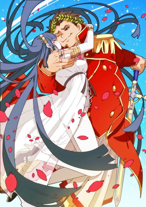 1boy, 1girl, akao_ppai, blue_hair, brown_hair, cheek_kiss, cleopatra_(fate/grand_order), dress