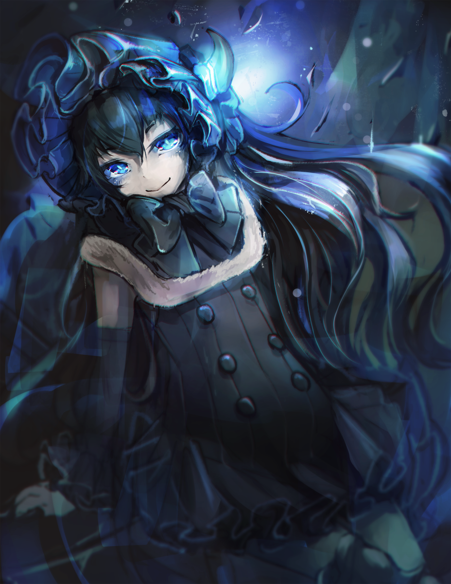1girl, black_hair, blue_eyes, bonnet, capelet, gothic_lolita, highres, kajaneko, kantai_collection, lolita_fashion, long_hair, looking_at_viewer, northernmost_landing_hime, pale_skin, shinkaisei-kan, sketch, smile, solo, white_skin
