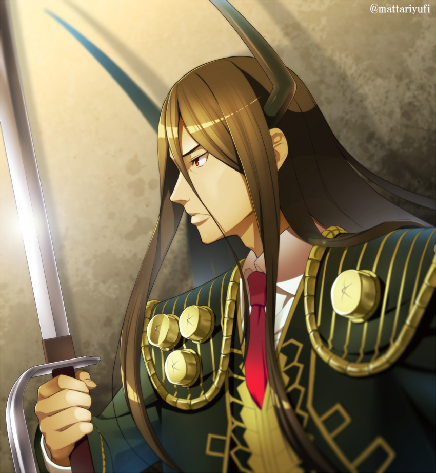 1boy, brown_hair, highres, horns, juuni_taisen, kashii_eiji, long_hair, male_focus