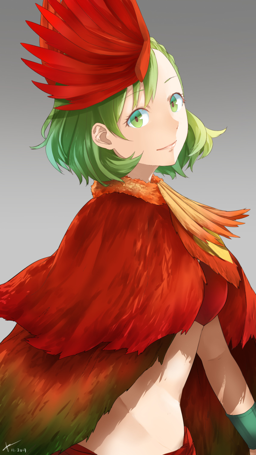 1girl, artist_name, bracelet, braid, cape, dated, drawrepulser, feathers, green_eyes, green_hair, grey_background, highres, jewelry, juuni_taisen, midriff, niwa_ryouka, solo, upper_body