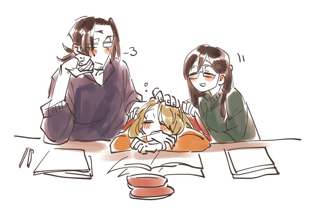 1boy, 2girls, bangs, black_hair, blonde_hair, hand_on_another's_head, kusama_suzuna, long_hair