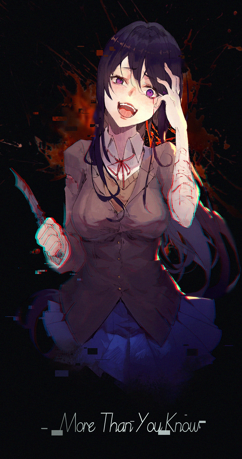 1girl, bangs, blue_skirt, chromatic_aberration, collared_shirt, commentary, digital_dissolve, doki_doki_literature_club