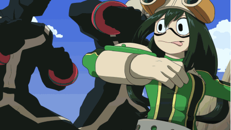 1girl, animated, animated_gif, asui_tsuyu, battle, bodysuit, boku_no_hero_academia, bubaigawara_jin, clouds, fighting, frog_girl, gloves, goggles, goggles_on_head, green_hair, long_tongue, lowres, sky, solo_focus, sparkleredpanda, tongue