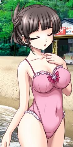 beach, black_hair, closed_eyes, in'youchuu_shoku, kayama_sui, lowres, one-piece, one-piece_swimsuit, swimsuit, tachi-e