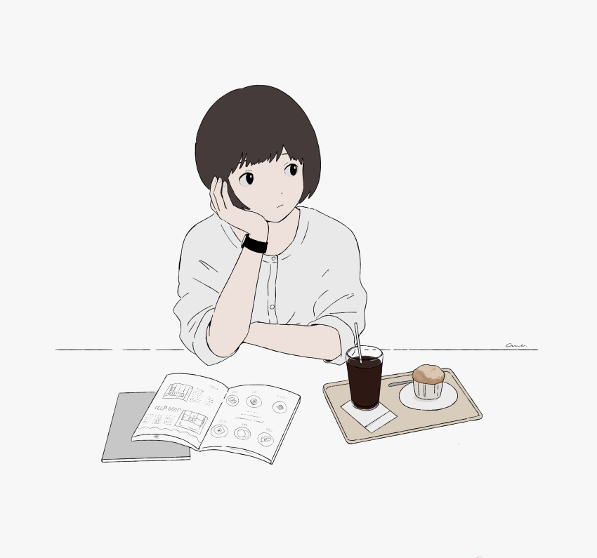 1girl, absurdres, bangs, black_eyes, book, bored, brown_hair, closed_mouth