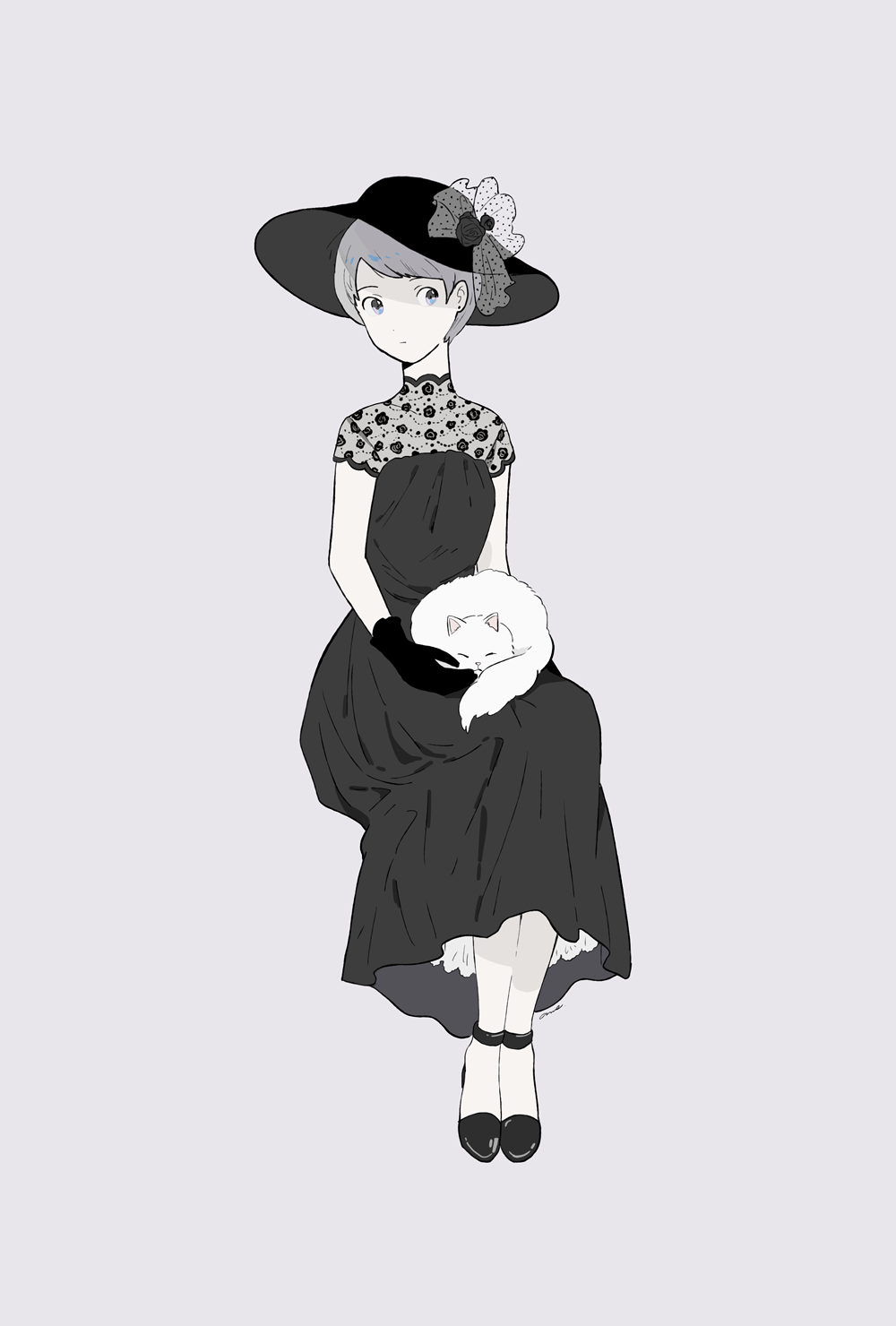 1girl, cat, cat_on_lap, dress, full_body, gloves, grey_background, greyscale