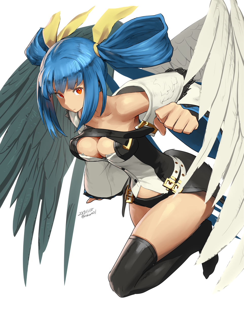 1girl, asymmetrical_wings, black_legwear, blue_hair, breasts, dizzy, guilty_gear, guilty_gear_xrd, hair_ribbon, highres, looking_at_viewer, red_eyes, ribbon, signature, simple_background, solo, tail, tail_ribbon, thigh-highs, under_boob, white_background, wings, zaki_(narashigeo)