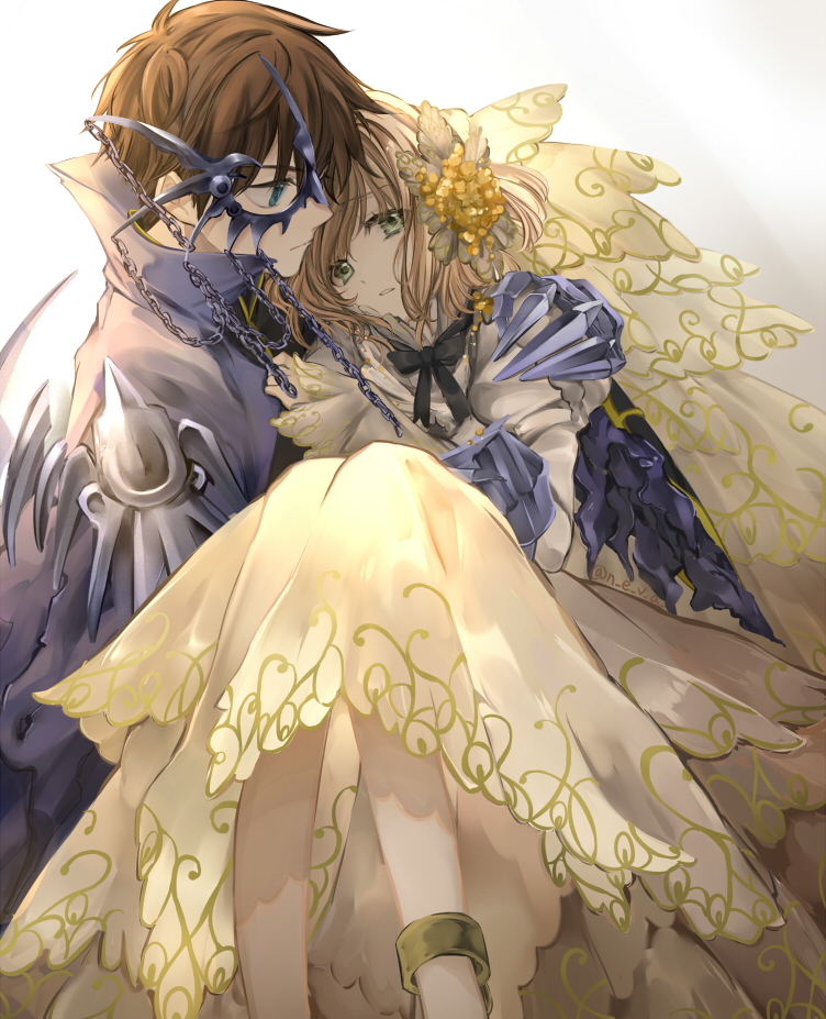 1boy, 1girl, black_ribbon, brown_hair, carrying, chains, cuffs, dress