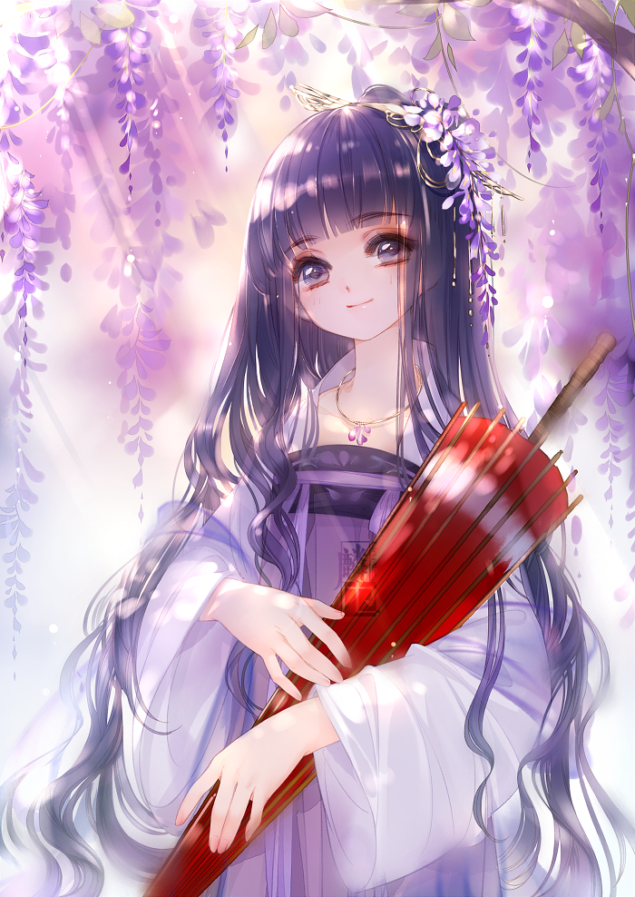 1girl, card_captor_sakura, clamp, daidouji_tomoyo, flower, keylin-lin-, long_hair, oriental_umbrella