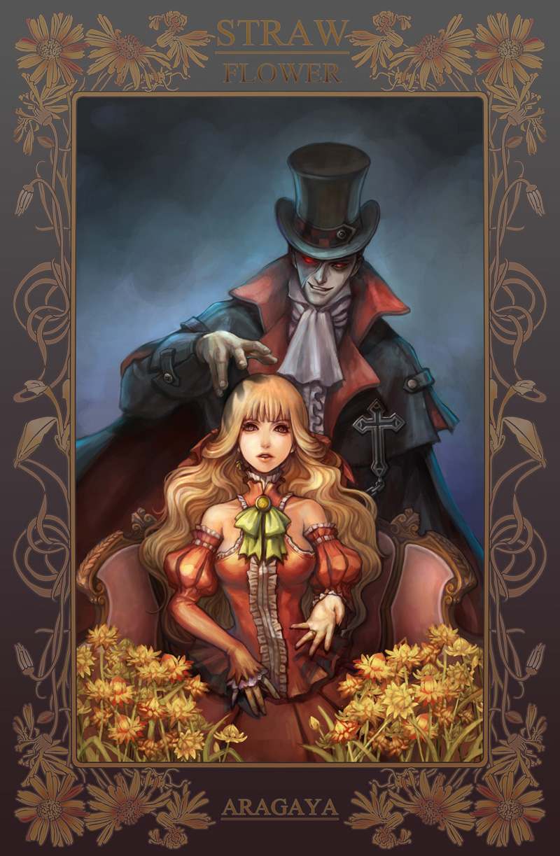 1boy, 1girl, bangs, bare_shoulders, blonde_hair, bow, brooch, chair