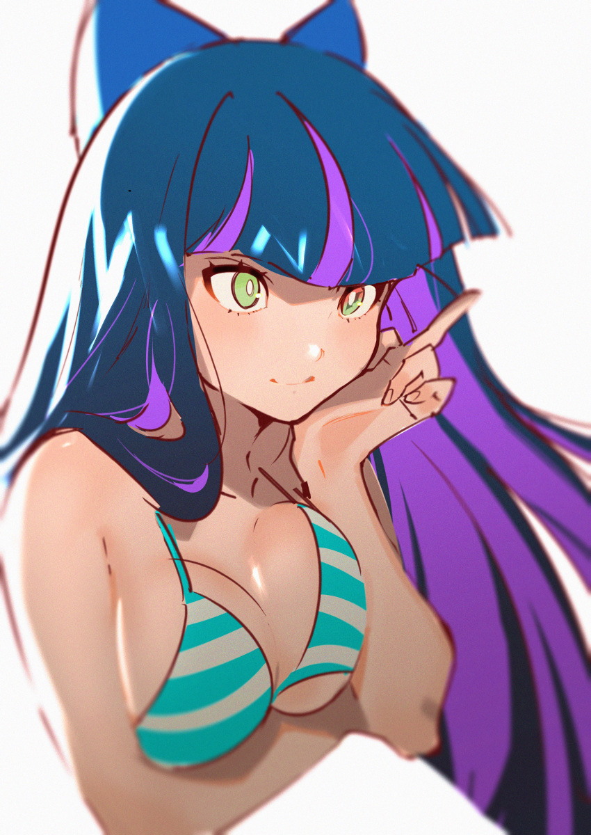1girl, absurdres, aruterra, bangs, bikini, bikini_top, blue_hair, blunt_bangs, breasts, cleavage, highres, multicolored_hair, panty_&amp;_stocking_with_garterbelt, solo, stocking_(psg), striped, striped_bikini, swimsuit, two-tone_hair
