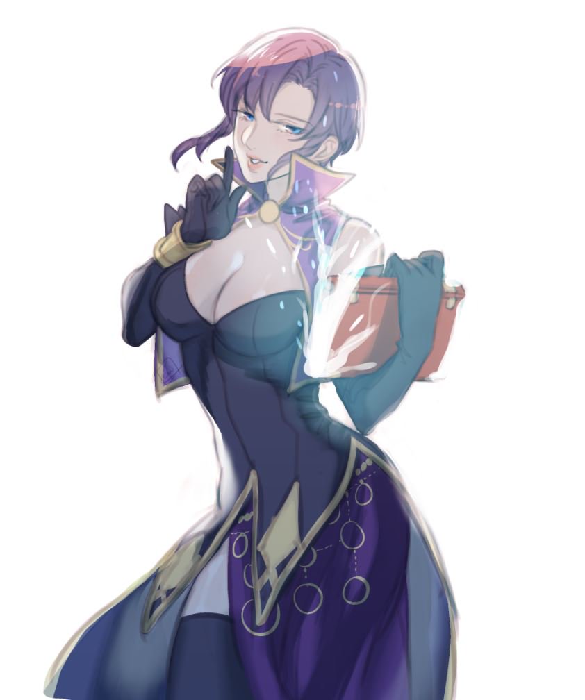 1girl, black_legwear, blue_eyes, book, breasts, capelet, cleavage, dress
