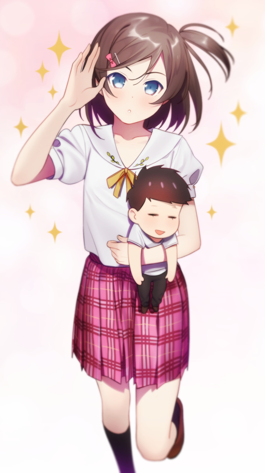 1boy, 1girl, blue_eyes, bow, broadcaster_connection, brown_hair, crossover, doll