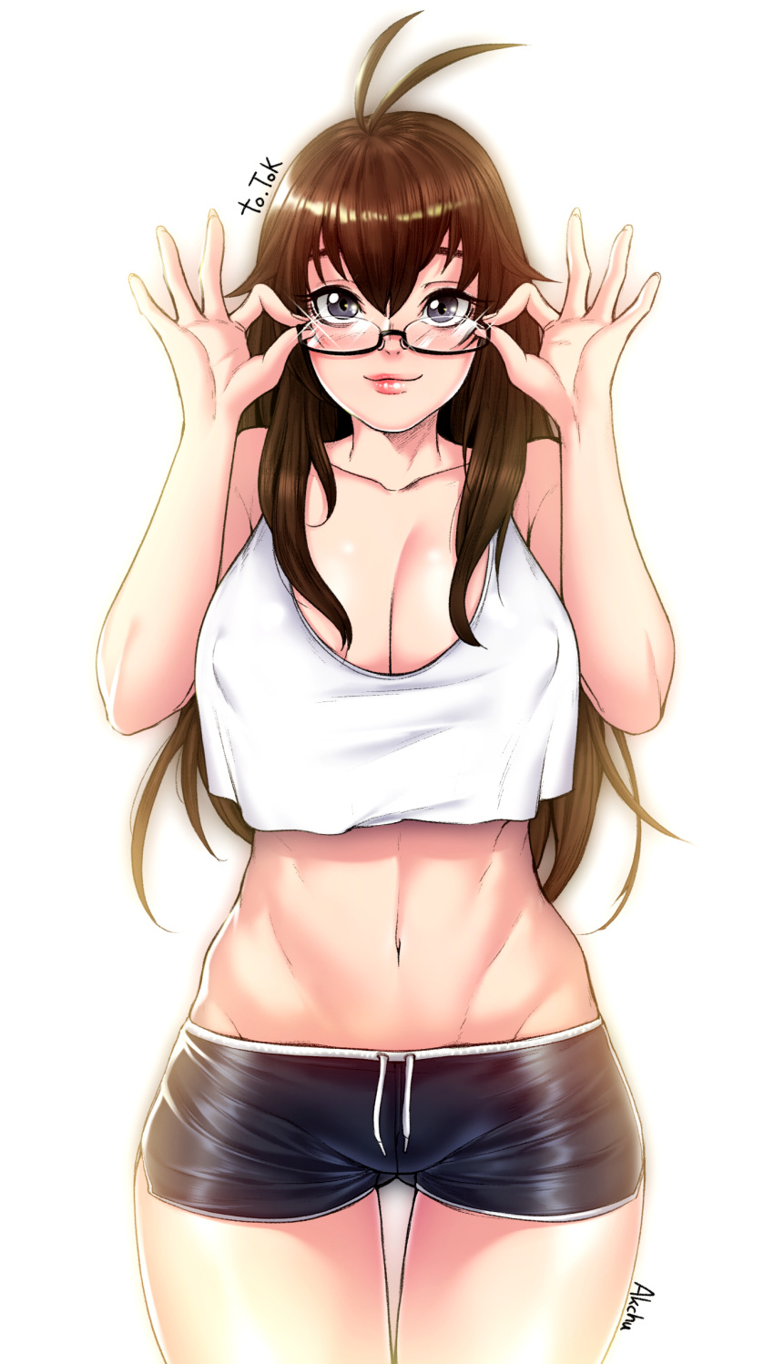 1girl, absurdres, akchu, antenna_hair, artist_name, bare_arms, bare_legs, bare_shoulders