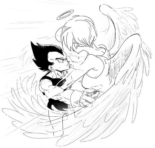 1boy, 1girl, angel, angel_wings, black_eyes, black_hair, bulma, commentary_request