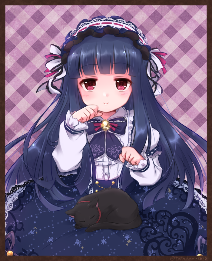 1girl, argyle, argyle_background, bangs, blouse, blue_bow, blue_hair, blue_skirt