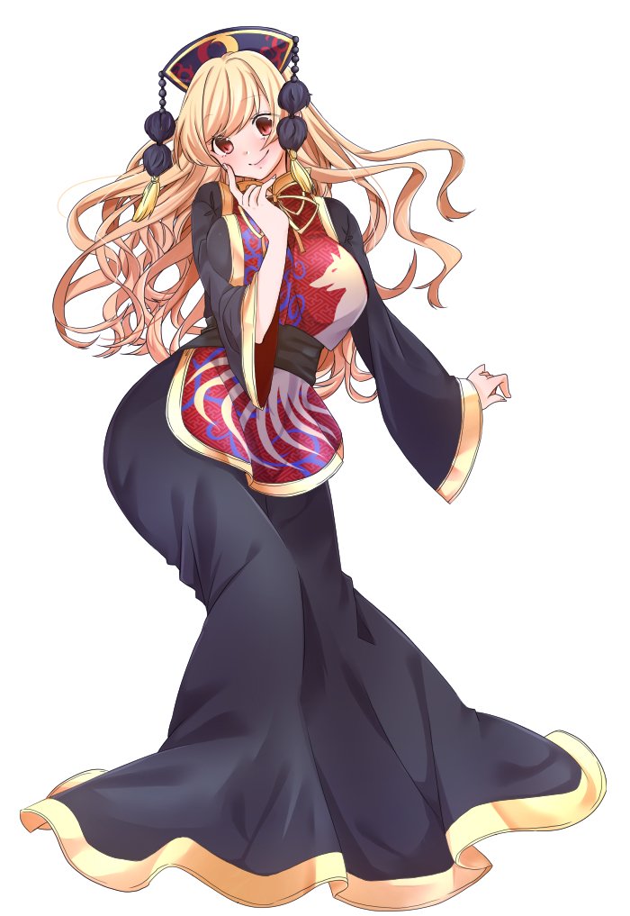 1girl, black_dress, blonde_hair, breast_press, breasts, chinese_clothes, commentary_request, contrapposto, crescent, curvy, dress, fengguan, finger_to_cheek, hair_between_eyes, hat, junko_(touhou), large_breasts, long_hair, looking_at_viewer, mature, red_eyes, ribbon, sash, smile, solo, tabard, tassel, touhou, wide_hips, wide_sleeves, yellow_ribbon, yukina_(masyumaro610)