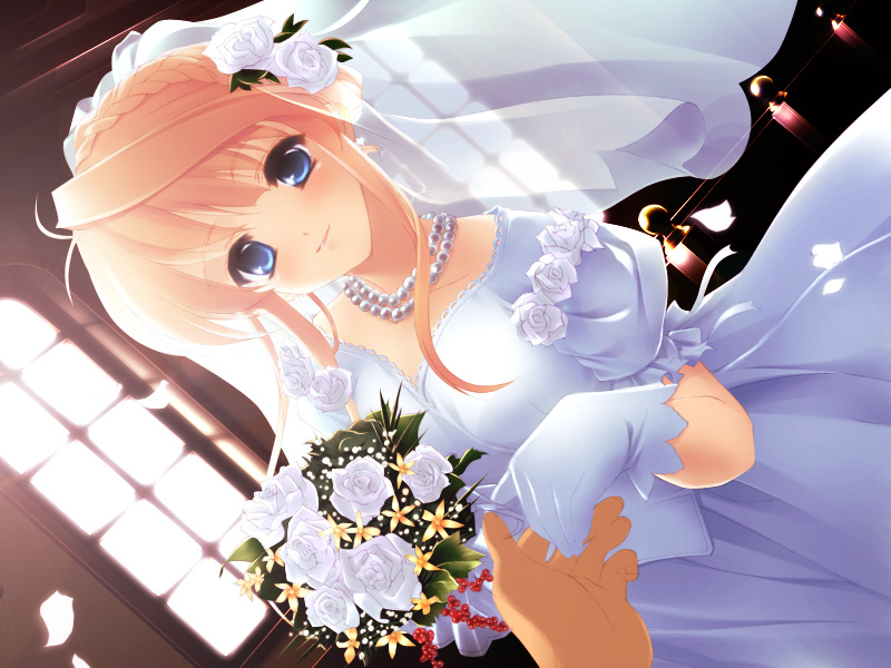 blue_eyes, bouquet, bridal_veil, bride, candle, dress, flower, game_cg