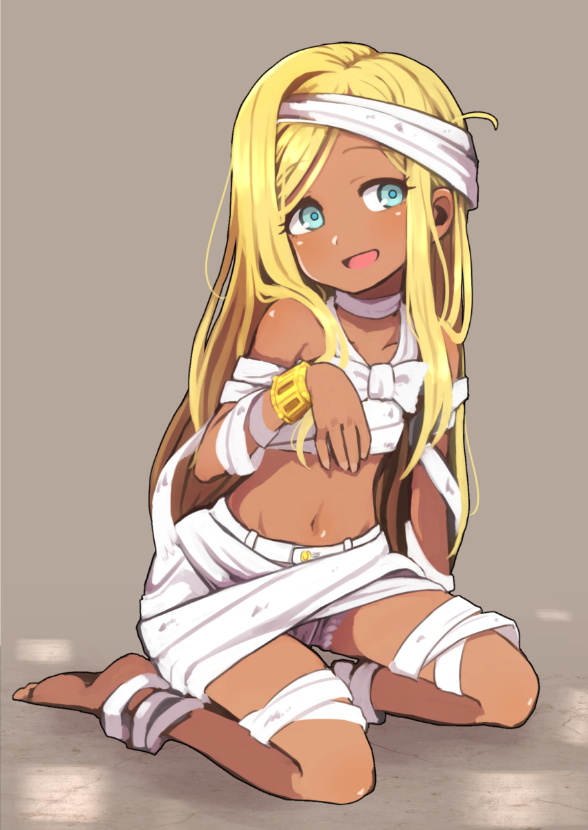 1girl, :d, aqua_eyes, arm_support, bandage, bandaged_arm, bandaged_head, bandaged_leg