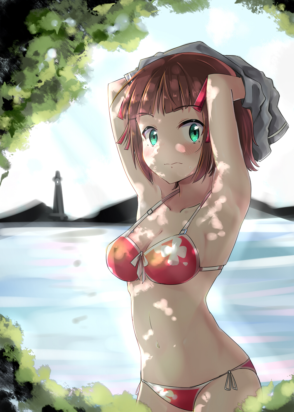 1girl, amami_haruka, armpits, arms_up, bikini, blush, breasts, brown_hair