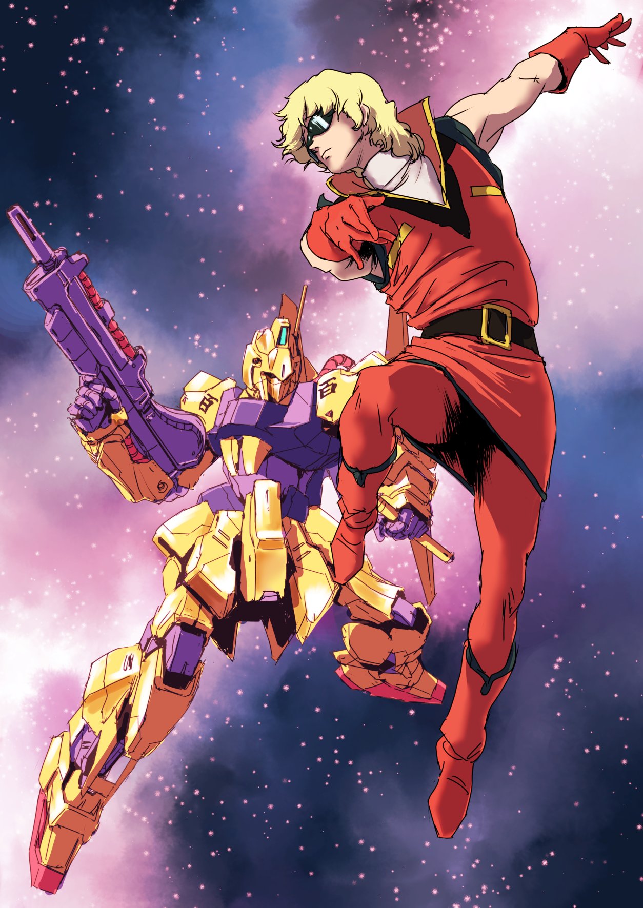 1boy, blonde_hair, gloves, gundam, highres, hyaku_shiki, mecha, quattro_vageena