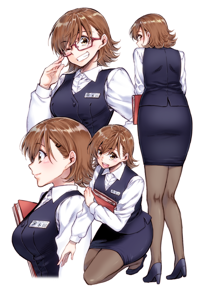 1girl, :d, ;d, adjusting_eyewear, ass, bespectacled, black_footwear, black_skirt