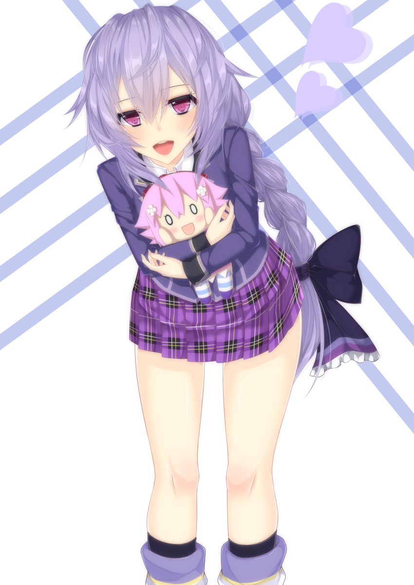 1girl, :d, absurdres, blush, braid, character_doll, checkered, checkered_skirt