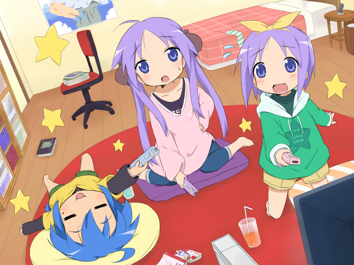 barefoot, girls_playing_games, hair_ribbon, hiiragi_kagami, hiiragi_tsukasa, izumi_konata, kareha_aki, lucky_star
