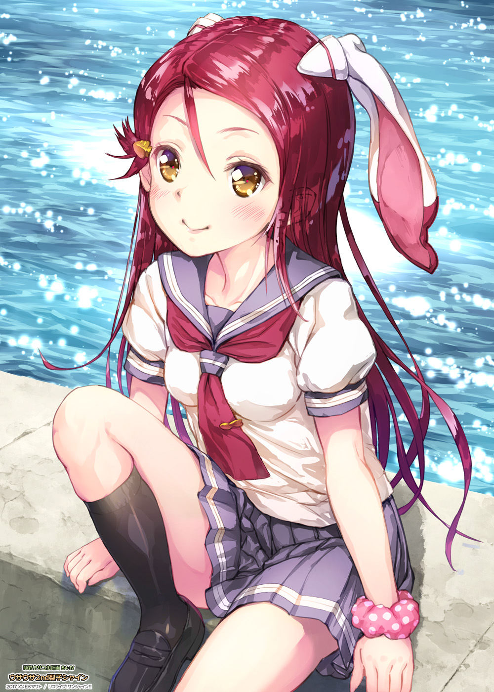 1girl, animal_ears, arms_at_sides, black_footwear, black_legwear, blush, breasts, brown_eyes, closed_mouth, collarbone, day, ek_masato, forehead, grey_skirt, hair_between_eyes, hair_ornament, hairclip, highres, knee_up, kneehighs, lips, loafers, long_hair, looking_at_viewer, love_live!, love_live!_sunshine!!, neckerchief, outdoors, plaid, polka_dot, puffy_short_sleeves, puffy_sleeves, rabbit_ears, red_neckwear, sakurauchi_riko, school_uniform, scrunchie, serafuku, shiny, shiny_hair, shirt, shoes, short_sleeves, sitting, skirt, small_breasts, solo, tareme, uranohoshi_school_uniform, very_long_hair, water, white_shirt, wrist_scrunchie