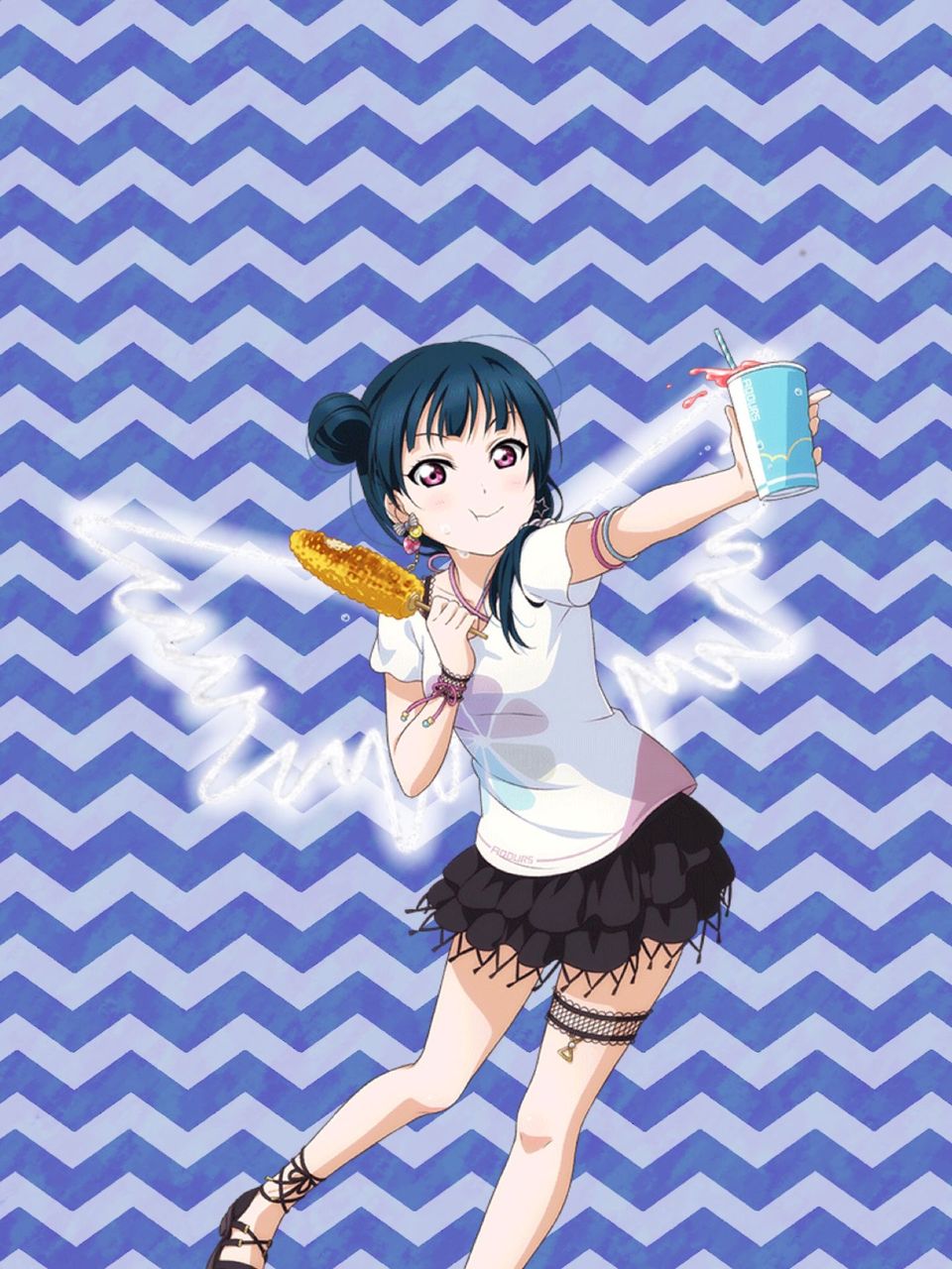 blue_hair, drinks, long_hair, pink_eyes, tsushima_yoshiko