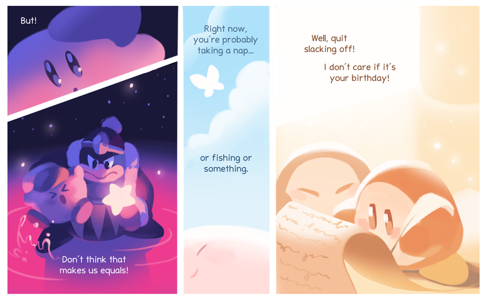 1boy, bird, butterfly, comic, english, fountain_of_dreams, king_dedede, kirby