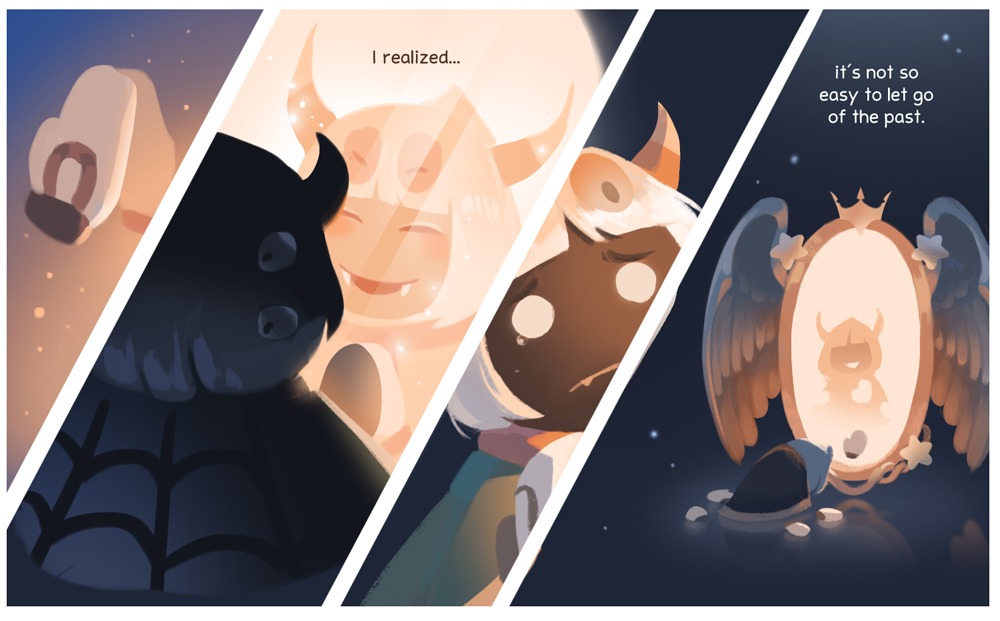 1boy, comic, crying, different_reflection, dimension_mirror, english, fangs, gloves, kirby_(series), looking_at_mirror, male_focus, mirror, no_humans, peachifruit, reflection, smile, solid_circle_eyes, spider, taranza, tearing_up