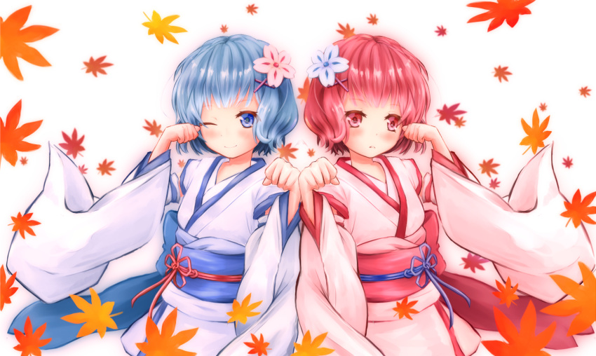 2girls, :o, blue_eyes, blue_hair, blue_ribbon, blush, falling_leaves, flower, hair_flower, hair_ornament, highres, japanese_clothes, kimono, leaf, looking_at_viewer, masa-o, multiple_girls, one_eye_closed, pink_eyes, pink_hair, pink_ribbon, ram_(re:zero), re:zero_kara_hajimeru_isekai_seikatsu, rem_(re:zero), ribbon, short_hair, siblings, simple_background, sisters, smile, twins, upper_body, white_background, x_hair_ornament