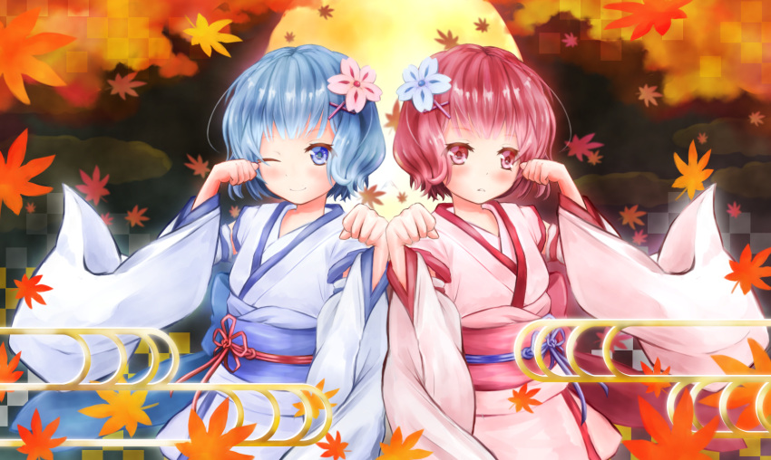 2girls, :o, blue_eyes, blue_hair, blue_ribbon, blush, falling_leaves, flower