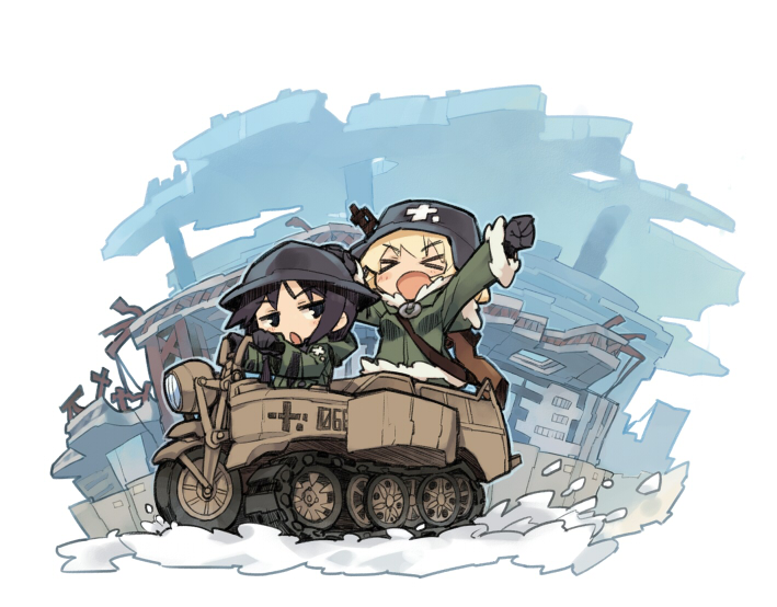 >_<, 2girls, :d, black_eyes, black_gloves, black_hair, blonde_hair, blush, building, chibi, chito_(shoujo_shuumatsu_ryokou), clenched_hand, eyebrows_visible_through_hair, full_body, fur_trim, gloves, green_coat, gun, hair_between_eyes, hand_on_headwear, helmet, hooded_coat, itukitasuku, jitome, kettenkrad, multiple_girls, open_mouth, outstretched_arm, rifle, shoujo_shuumatsu_ryokou, sitting, smile, v-shaped_eyebrows, weapon, white_background, yuuri_(shoujo_shuumatsu_ryokou)