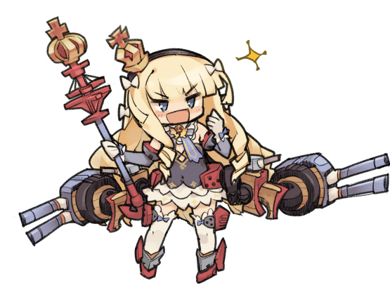 1girl, :d, azur_lane, bangs, black_dress, blonde_hair, blue_eyes, blunt_bangs, boots, chibi, clenched_hand, crown, detached_collar, detached_sleeves, dress, drill_hair, eyebrows_visible_through_hair, gloves, hairband, holding, itukitasuku, long_hair, machinery, mini_crown, open_mouth, queen_elizabeth_(azur_lane), scepter, simple_background, smile, solo, sparkle, standing, thigh-highs, v-shaped_eyebrows, very_long_hair, white_background, white_gloves, white_legwear, zettai_ryouiki