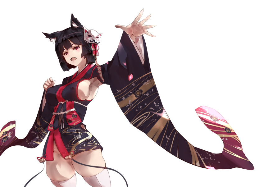 1girl, :d, agovitch, animal_ears, armpits, azur_lane, bell, black_hair
