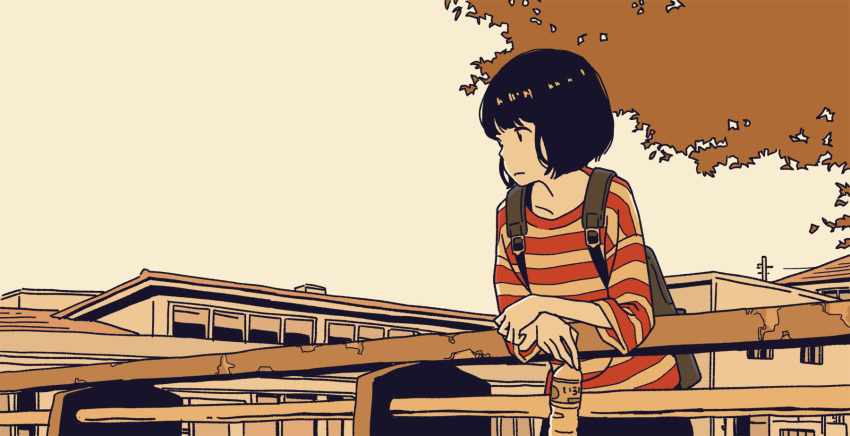 1girl, against_railing, album_cover, autumn, autumn_leaves, backpack, bad_source, bag