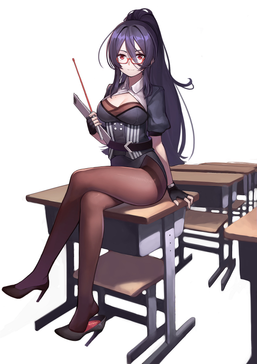 1girl, absurdres, bangs, black_footwear, black_legwear, breasts, clipboard, closed_mouth