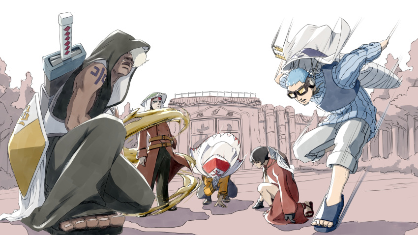 1girl, 4boys, absurdres, bandage, bandaged_arm, belt, black_hair, blue_hair, cape, choujuurou_(naruto), dark_skin, dark_skinned_male, darui_(naruto), facial_hair, gaara_(naruto), goggles, headwear, highres, hood, kurotsuchi_(naruto), looking_at_viewer, multiple_boys, mustache, naruto, sand, silver_hair, spiky_hair, squatting, sword, tori_(pixiv16050964), uzumaki_naruto, weapon, weapon_on_back