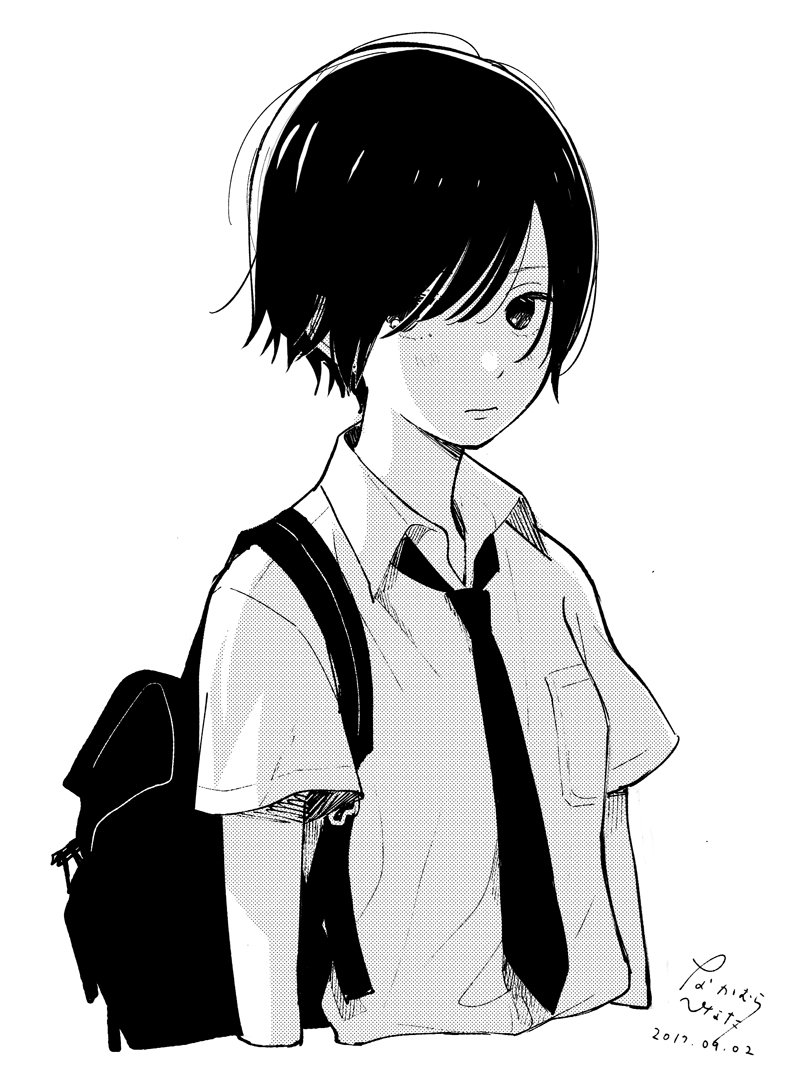 1girl, backpack, bag, bangs, black_hair, blank_stare, collared_shirt, commentary