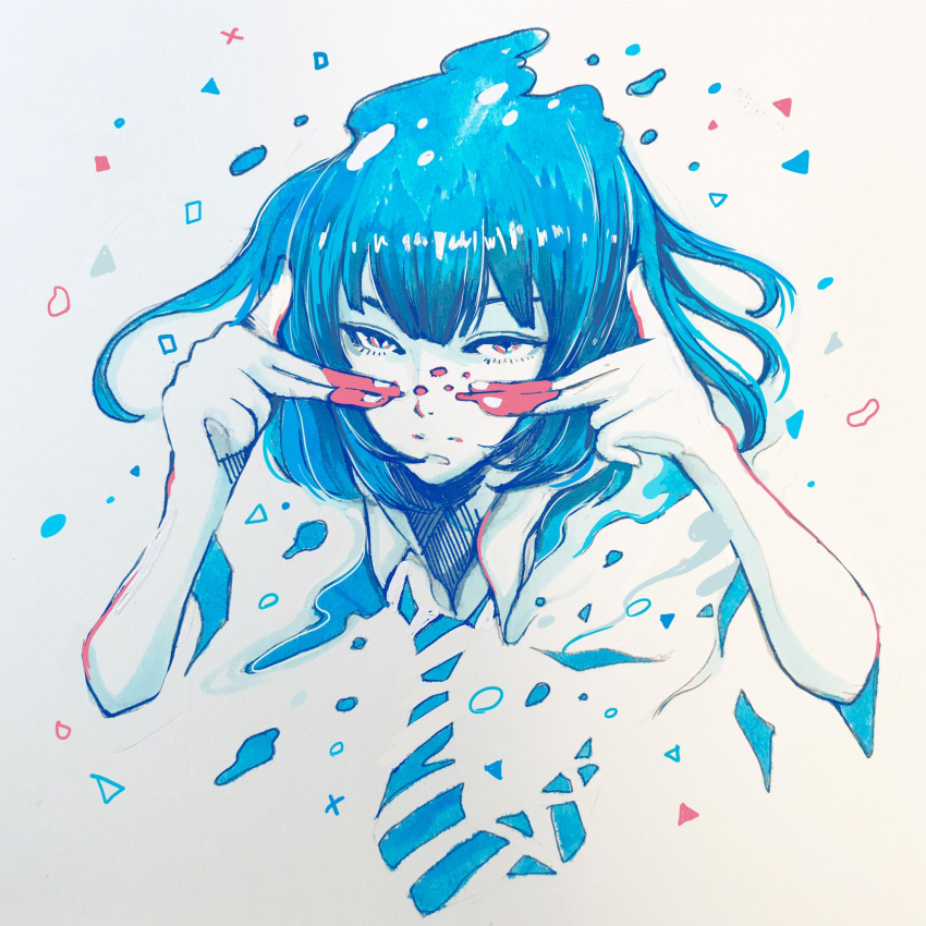 1girl, abstract, blue, blue_hair, blue_neckwear, collared_shirt, commentary_request, highres