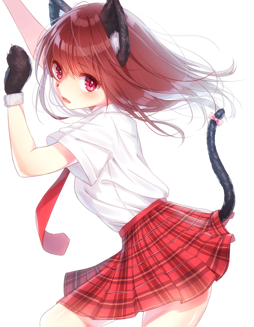 1girl, animal_ears, arms_up, bow, breasts, brown_hair, cat, cat_ears