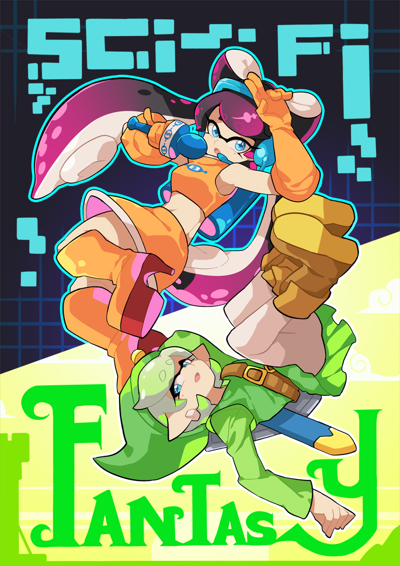 2girls, aori_(splatoon), belt, black_hair, boots, brown_footwear, commentary, cosplay