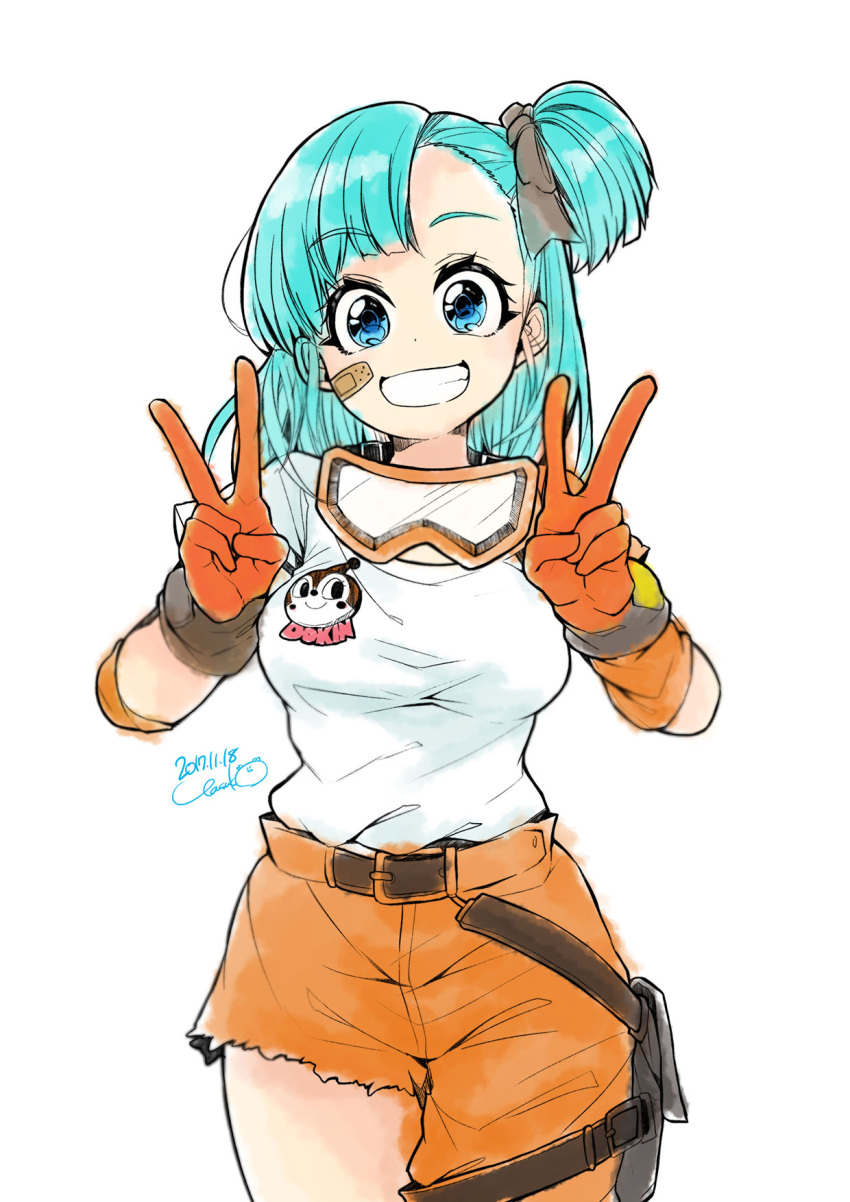 1girl, 2017, anpanman, bandaid_on_cheek, belt, blue_eyes, blue_hair, bulma, clenched_teeth, dated, dokin-chan, double_v, dragon_ball, gloves, highres, looking_at_viewer, motimotifukurou, orange_gloves, pants, short_twintails, side_ponytail, simple_background, smile, solo, teeth, torn_clothes, torn_pants, tsuru_hiromi, twintails, v, white_background