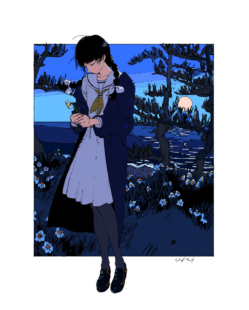 1girl, black_footwear, black_hair, black_legwear, braid, closed_eyes, closed_mouth, coat